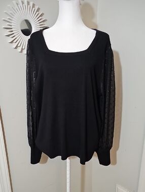 Catherine Malandrino Black Square Neck Sweater with Sheer Dot Sleeves